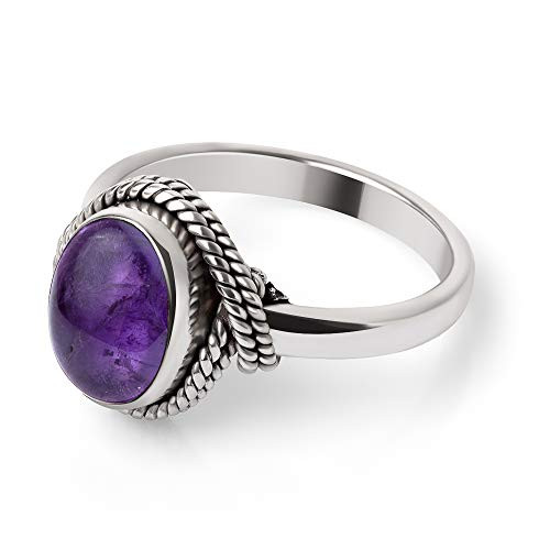 925 Oxidized Sterling Silver Natural Amethyst Gemstone Oval Rope Edge Vintage Band Ring Size 7