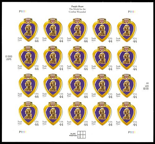 Purple Heart Full Sheet of 20 44 Cent Stamps - Scott 4390 By USPS Purple Heart Full Sheet of 20 44 Cent Stamps - Scott 4390 By USPS