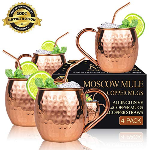 Crazestar Moscow Mule Copper Mugs 16 oz - Set of 4 - Gift Set with BONUS: 4 Highest Quality Cocktail Copper Straws - Food Safe Pure Solid Copper Mugs 100% Handcrafted Crazestar Moscow Mule Copper Mugs 16 oz - Set of 4 - Gift Set with BONUS: 4 Highest Quality Cocktail Copper Straws - Food Safe Pure Solid Copper Mugs 100% Handcrafted