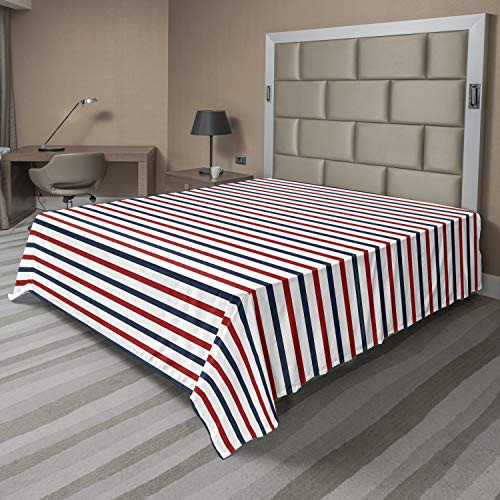 Lunarable Navy Flat Sheet, Classical Striped Pattern Parallel Lines Marine Colors Sea Life Ocean Theme, Soft Comfortable Top Sheet Decorative Bedding 1 Piece, King Size, Navy Blue