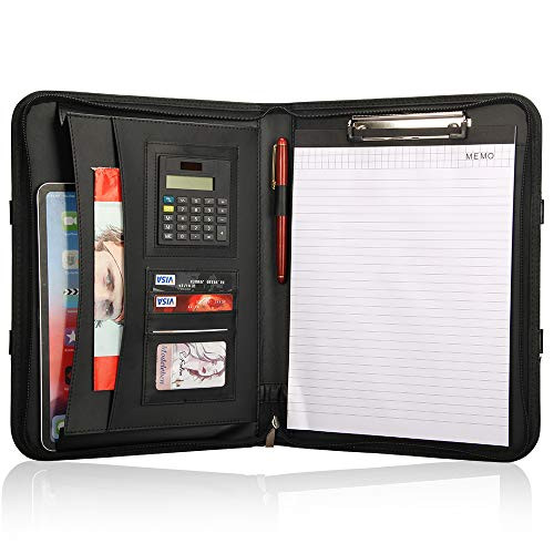 Designer Leather Padfolio Zipper Portfolio Binder with Calculator Black Business Pad Portfolio Folder Cover Clipboard Padfolio