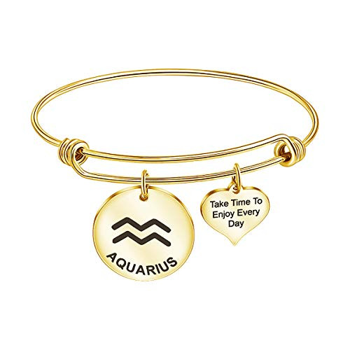 XUN Zhe Gold Zodiac 12 Constellation Stainless Steel Bracelet Engraved Disc Horoscope Wire Bangle Adjustable Jewelry for Women Girls Birthday Gifts -Aquarius- XUN Zhe Gold Zodiac 12 Constellation Stainless Steel Bracelet Engraved Disc Horoscope Wire Bangle Adjustable Jewelry for Women Girls Birthday Gifts -Aquarius-