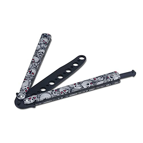 Butterfly Knife Trainer, Folding Steel Metal Balisong Training Knife Tool, Martial Arts Practice Dull Knife for CS GO Lovers, Beginners, Men  and  Teens -Skull Gray-