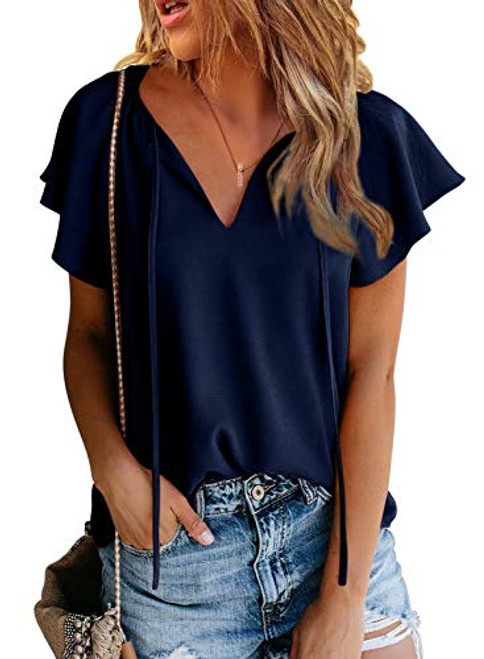 BLENCOT Womens Casual Summer Short Sleeve Ruffled V Neck Tie Tops Loose Shirts Tunic Blouses Blue XX-Large BLENCOT Womens Casual Summer Short Sleeve Ruffled V Neck Tie Tops Loose Shirts Tunic Blouses Blue XX-Large