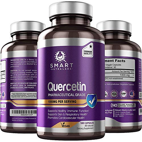 Quercetin 1000mg- 180 Vegan Capsules, 100 percent Pure Pharmaceutical Grade Quercetin Supplement- Supports Healthy Immune System, Cardiovascular Health, Anti-Inflammatory  and  Antioxidant Support