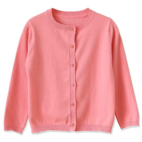 CUNYI Girl's Crewneck Lightweight Button-up Cardigan Cotton Knit Sweater Casual Cute Outerwear, Peachy, 120