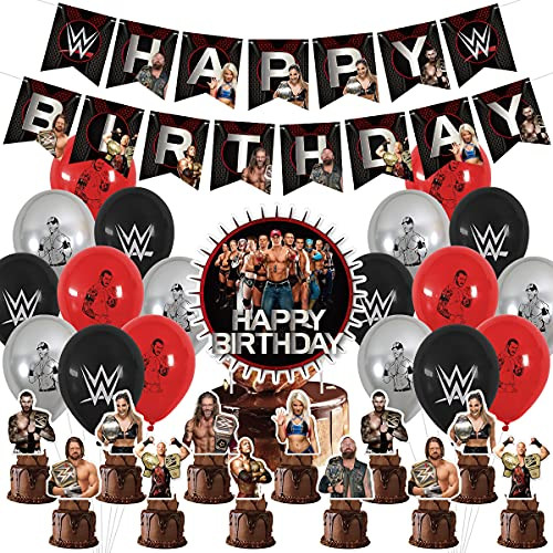 WWE Birthday Party Supplies, Boxing Match Party Decoration, Wrestling Party Supplies for Boys and Girls Incuded Wwe Birthday Banner Balloon Cake Toppes