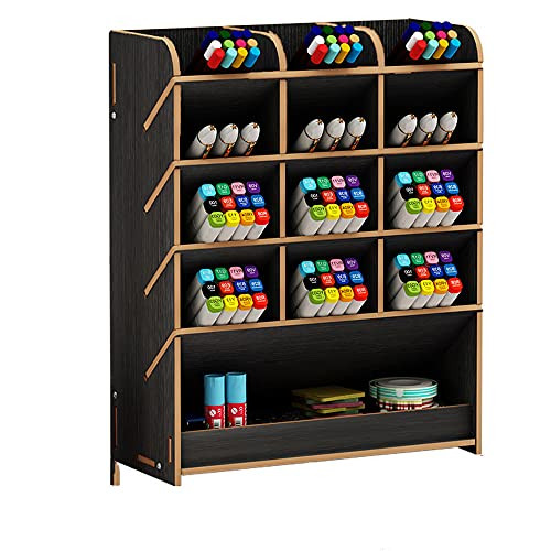 Wooden Pen Holder - Desktop DIY pencil Holder - Multi-Functional Desk Organizer - Easy Assembly, Home Office Art Supply Organizer Storage with Drawer -Black- - Simperfor