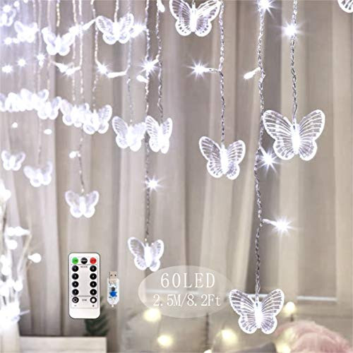 Butterfly Curtain Fairy Lights USB Plug in,8 Modes 60 LED 8.2FT Firefly Twinkle Timer String Lights with Remote, Waterproof Copper Wire for Bedroom Patio Christmas Wedding Party Dorm -Cool White- Butterfly Curtain Fairy Lights USB Plug in,8 Modes 60 LED 8.2FT Firefly Twinkle Timer String Lights with Remote, Waterproof Copper Wire for Bedroom Patio Christmas Wedding Party Dorm -Cool White-