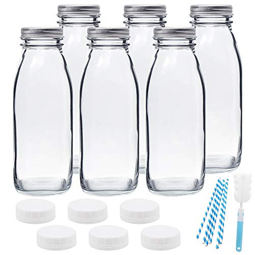 16oz Glass Milk Bottles with Reusable Metal Twist Lids and Straws for Beverage Glassware and Drinkware Parties, Weddings, BBQ, Picnics, 6 Pack