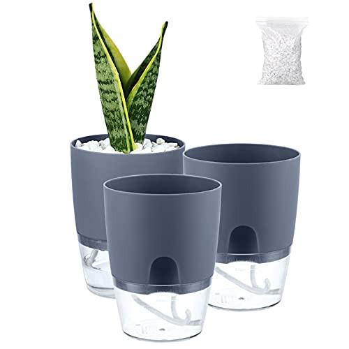 Self Watering Pots for Indoor Plants, Flower Pots Outdoor, 3 Pack 6 Inch Self Watering Planter, Plant Pots with Decorative Stones, Flower Pot, Plant Pots Indoor, Flower Pots Indoor, Grey