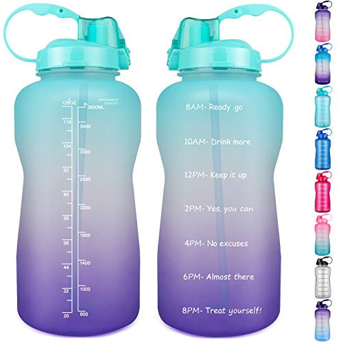 1 Gallon/128oz Motivational Water Bottle with Time Marker  and  Straw, Leakproof Tritan BPA Free, Jug for Fitness, Gym and Outdoor Sports