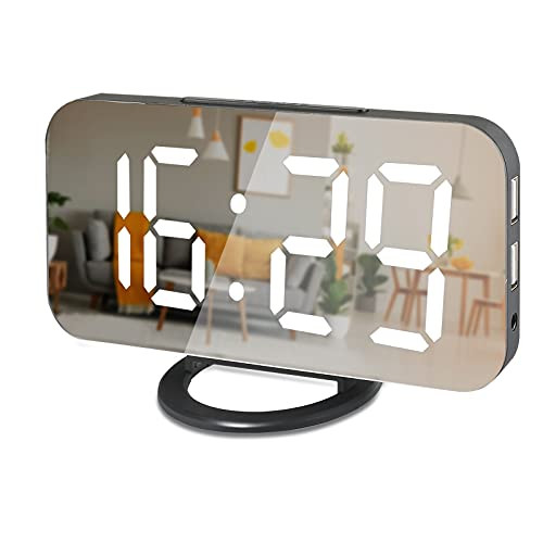 JIMEJV Digital Alarm Clock, 6.5" LED Mirror Electronic Clocks with Snooze  and  2 USB Charger Ports, Auto Adjust Brightness Modern Desk Wall Clocks for Bedrooms Living Room Office Home Decor -Black-