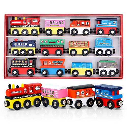 Onshine Wooden Train Set 12pcs Toy Train Track Wooden Railway Cars Compatible with All Train Set Tracks and Major Brands