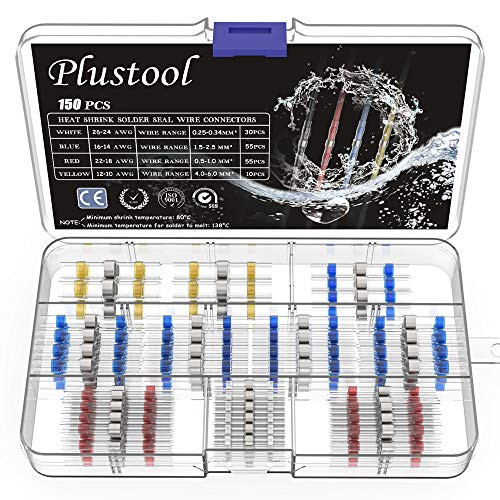 150PCS Solder Seal Wire Connectors, Plustool Heat Shrink Butt Connectors Heat Shrink Solder Wire Connectors Electrical Waterproof Insulated Marine Automotive Solder Connector Kit