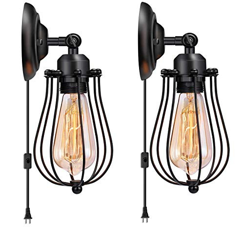 Licperron Wire Cage Wall Sconce Plug in Industrial Wall Light E26 Base with On/Off Switch Vintage Style Plug in Sconce Fixture for Headboard Bedroom Garage Porch 2 Pack?Need Hardwired)?