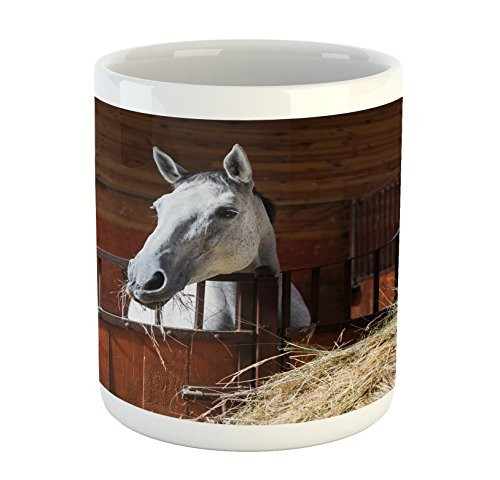 Lunarable Horse Mug, Young Mare Eating Hay in Stable Rustic Barn Ranch House Animal Fun Print, Printed Ceramic Coffee Mug Water Tea Drinks Cup, Dark Olive and Green