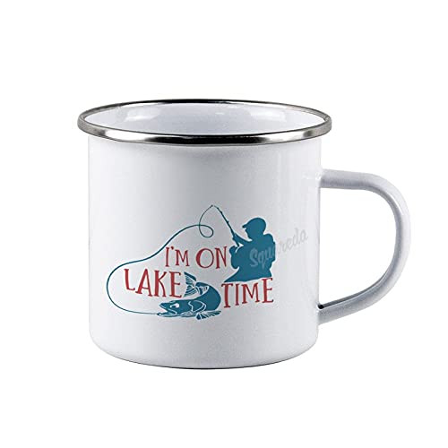 Enamel Camping Mug- I Am On Lake Time Graphic File, Metal Enamel Coffee Tea Cups Mugs For Camping Hiking Backpacking
