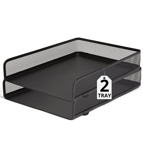 1InTheOffice Desk Trays Stackable Letter Tray, Matte Black Wire Mesh Front-Load Paper Tray Organizer , -2 Pack-