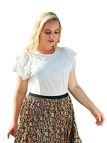 SheIn Women's Plus Size Eyelet Ruffle Short Sleeve T Shirt Round Neck Elegant Tee Top White X-Large Plus