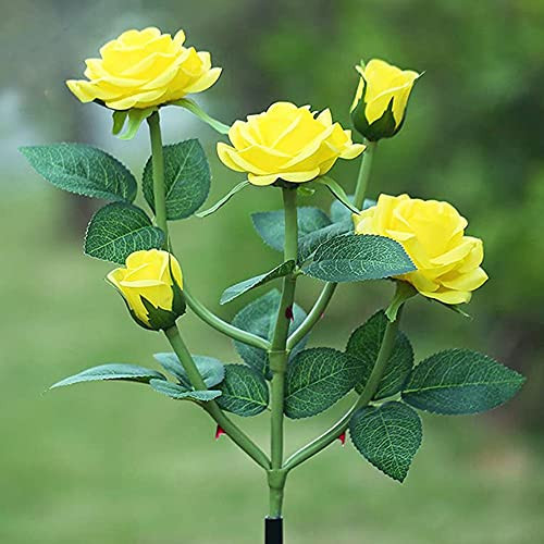 Solar Powered Garden Stake Rose Lights, Floridliving Outdoor In Ground LED Solar 5 Rose Flower Light, Garden Decoration Lights Solar Waterproof for Patio,Garden,Backyard -Yellow-