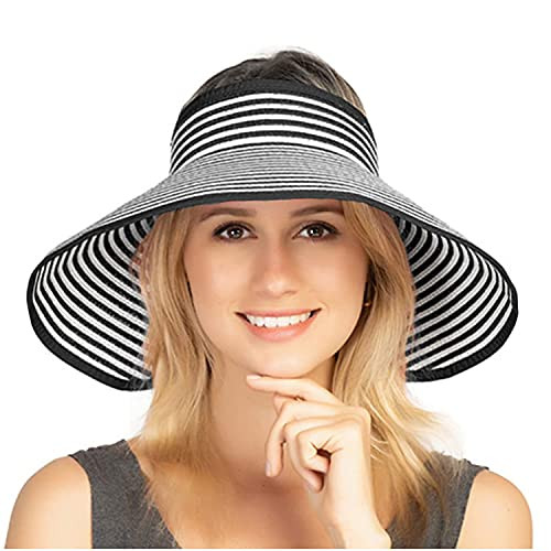 Women's Sun Hat UPF 50 plus Protecetion Wide Summer Hat Brim Roll-up Straw Bow Sun Visor Hats Foldable Topless Beach Hat