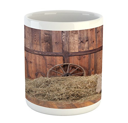 Ambesonne Barn Wood Wagon Wheel Mug, Rural Old Horse Stable Barn Interior Hay and Wood Planks Image Print, Printed Ceramic Coffee Mug Water Tea Drinks Cup, Brown Dust