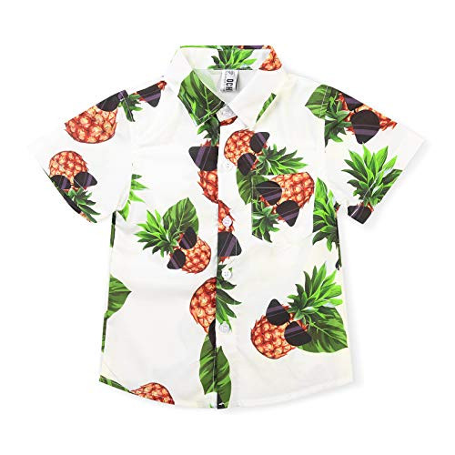 OCHENTA Boy's Pineapple Sunglass Print Short Sleeve Button Down Hawaiian Shirt Aloha Party Dress Tops for Tropical Beach A White Tag 140CM - 6-7 Years