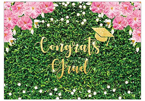 Funnytree 7X5FT Congrats Grad Backdrop Flower Green Grass Wall Background Class of 2021 Congratulation College Prom Event Party Banner Decor Portrait Photobooth Selfie Prop Gift