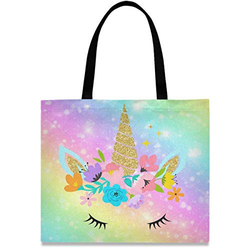visesunny Women's Large Canvas Tote Shoulder Bag Unicorn Galaxy Fantasy Rainbow Top Storage Handle Shopping Bag Casual Reusable Tote Bag for Beach,Travel,Groceries,Books