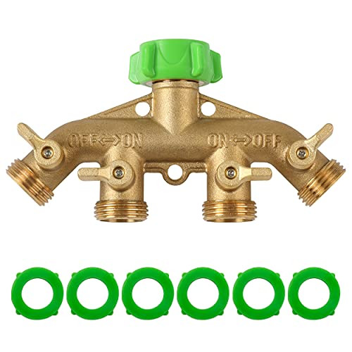 YANWOO 4 Way Brass Hose Splitter, Heavy Duty 3/4" Garden Hose Connectors, Hose Spigot Adapter with 4 Valves