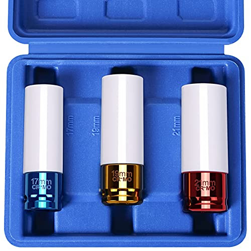 DeShan 3PCS 1/2" Thin Wall Deep Impact Socket Set Plastic Sleeve Lug Nut Socket Set 17mm 19mm 21mm , 1/2 Inch Drive Wheel Protector Impact Socket