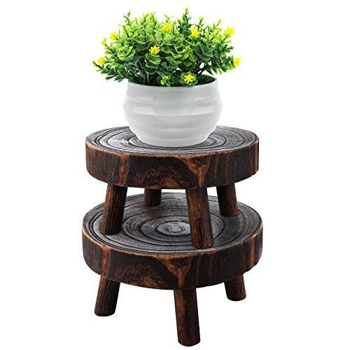 Yistao Set of 2 Mini Wooden Stool Display Stand, Rustic Decorative Round Wood Pedestal Plant Pot Riser Mini Plant Stand Potted Plant Shelf Succulents Bonsai Rack for Indoor Outdoor Home Decor -M, M-