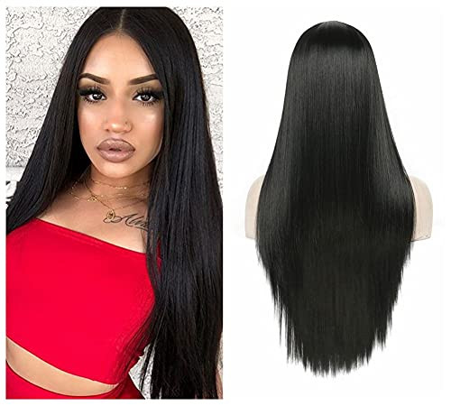 Gzerler Wigs Long Straight Natural Black Color Middle Part Heat Resistant Silk Fully Hair Synthetic Wig Daily Cosplay Party Wig for Women