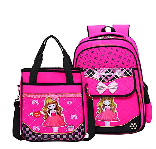 Adanina Cute Bowknot Princess Wind Girls Prints Students Backpack Elementary Middle School Bag Sets with Lunch Bag for Kids Teens Girls