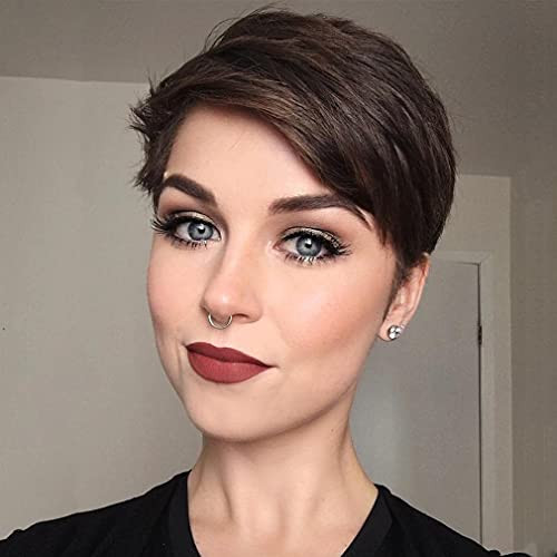 Sallcks Womens Short Pixie Wig Brown Layered Synthetic Heat Resistant Hair Replacement Wig for Daily Party Halloween