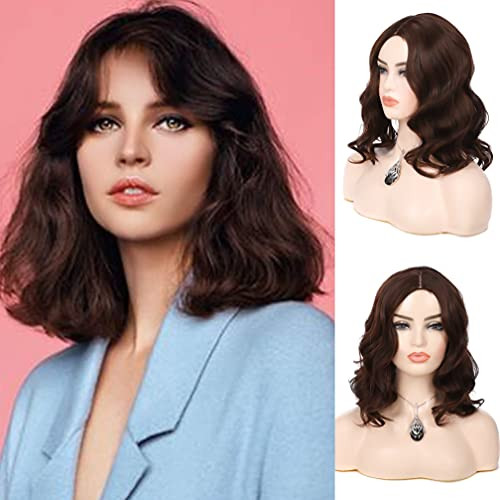 Sallcks Short Dark Brown Wigs for Women Synthetic Middle Part Wavy Bob Hair Wig for Daily Party Cosplay