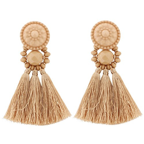 Boderier Bohemian Statement Thread Tassel Chandelier Drop Dangle Earrings with Cassandra Button Stud -Brown-