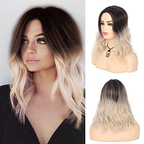 Sallcks Ombre Brown Blonde Short Wavy Wig Middle Part Synthetic Heat Resistant Cosplay Daily Party Wigs for Women