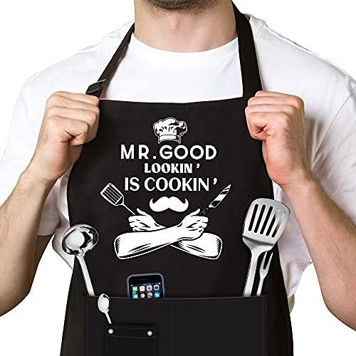 Apron for Men - Mr. Good Looking is Cooking - Personalized Men Birthday Gifts Apron with Pockets, Funny Grill Apron for Husband, Dad, Boyfriend or any Friend, Grill Cooking BBQ Kitchen Chef Apron