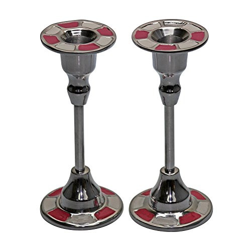 Judaica Mega Mall Stunning Aluminum Candlesticks with Pink and White Enamel