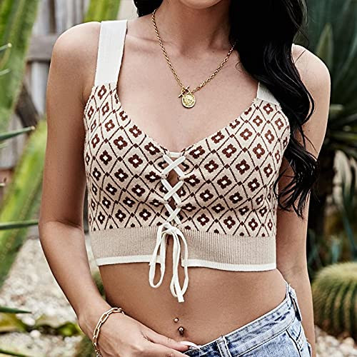 youmeng 2021grid Knitted Small slingOTTATAT Vest Lady Summer Outside Wearing Sexy Short Spice Girls Inside The Vest 90 lbs-135 lbs Apricot