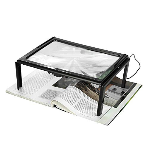 Vbestlife 3X Magnifying Glass, Foldable Large A4 Full Page Ultrathin Reading Magnifier with 4 LED Lights Hands Free Rectangular Desktop Portable Magnifier for Reading