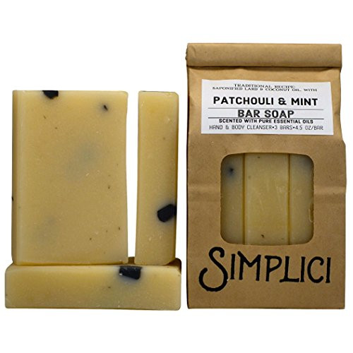 Simplici Patchouli Peppermint Bar Soap 4.5 OZ Bar -3 Pack- Scented With Pure Essential Oils. Palm Oil Free. Unpackaged. Hand Made.