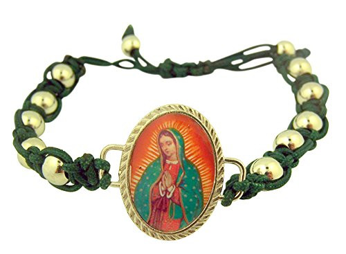Religious Gifts Silver Tone Our Lady of Guadalupe Green Cord Rosary Bracelet, 7 1/2 Inch