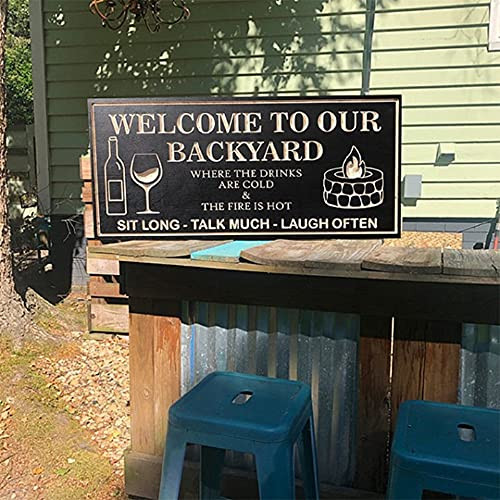 Patio Sign - Welcome to Our Backyard Sign, 12.6''x6.3'' Wood Engraved Vintage Bar Terrace Wall Decor, Indoor Outdoor Patio Porch Pool Garden Home Bar Personalized Banner Decoration, Funny Bar Sign -A-