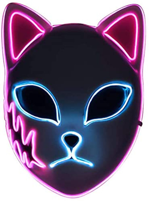 Demon Slayer Cosplay Mask, Fox Mask LED Halloween Mask Japanese Anime Cosplay, Masquerade Costum Mask Halloween Party Costume Props -Pink-