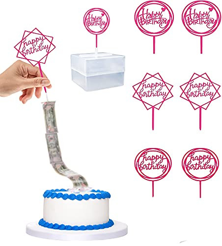 107 Pcs Money Cake Pull Out Kit, Birthday Surprise Cake Money Box, Money Cake Dispenser Box with 100 Clear Pockets and 6 Cake Toppers Party Supplies for Birthday Party Decorations