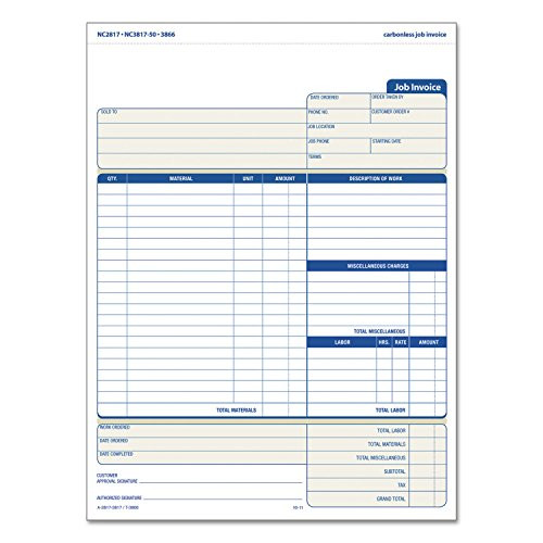 Tops Snap-Off Job Invoice Form, 8 1/2 x 11 5/8, Three-Part Carbonless, 50 Forms TOP3866