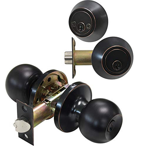 Gobrico Oil Rubbed Bronze Keyed-Alike Round Ball Entry Door Knob Lockset and Double Cylinder Deadbolt (Keyed on Both Side) 1Pack